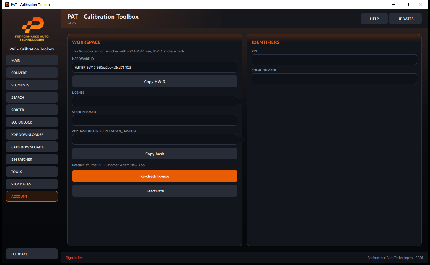 ACCOUNT &mdash; license, HWID and session status